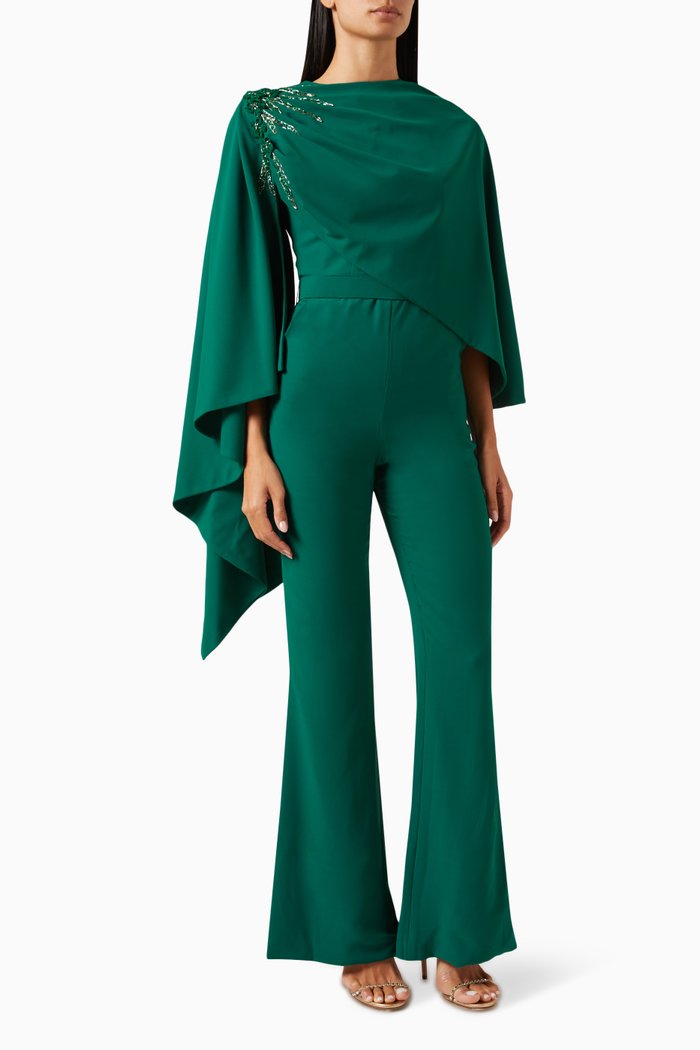 

Bead-embellished Cape Jumpsuit, Green