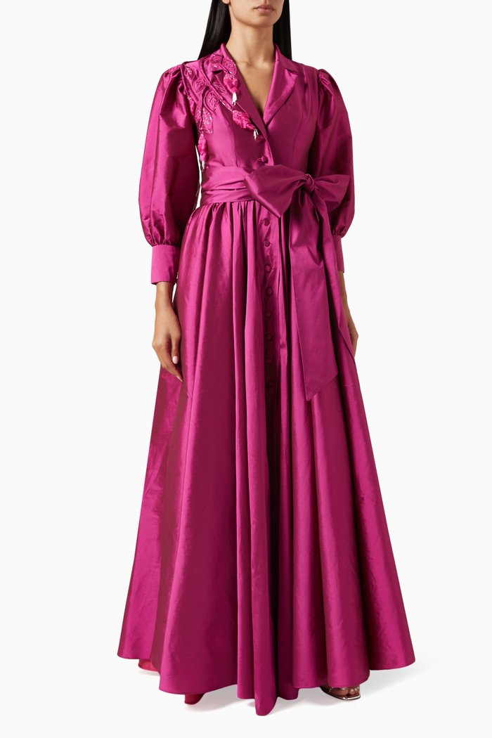 

Hand-embroidered Flared Maxi Dress, Pink
