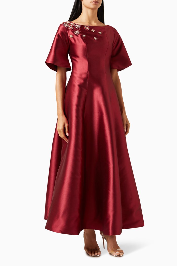 

Bead-embellished Flared Dress, Red
