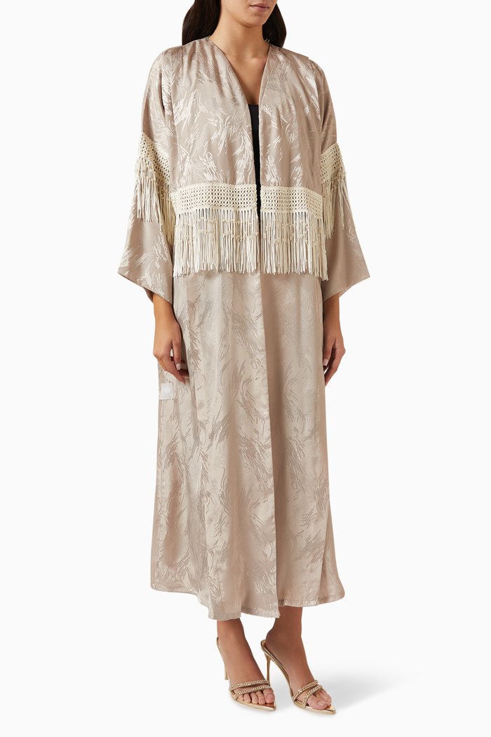

Tasselled Pearl Abaya in Jacquard-crepe, Neutral