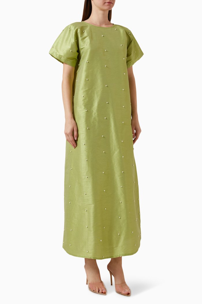 

Pearl Embellished Maxi Dress in Indian Silk, Green