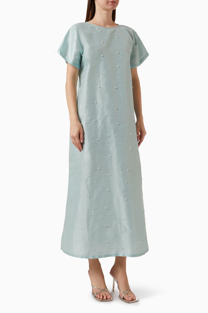 

Pearl Embellished Maxi Dress in Indian Silk, Green