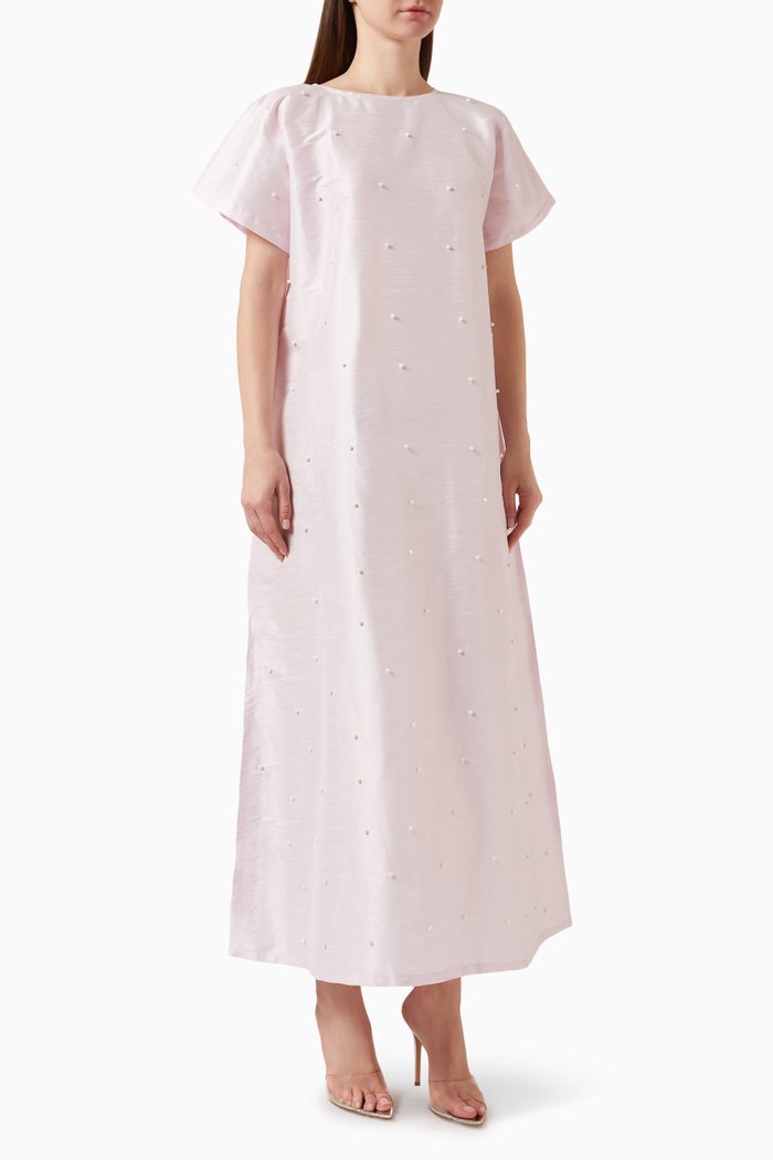 

Pearl Embellished Maxi Dress in Indian Silk, Pink