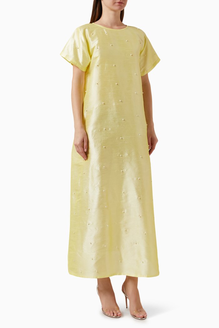 Pearl Embellished Maxi Dress in Indian Silk, Yellow