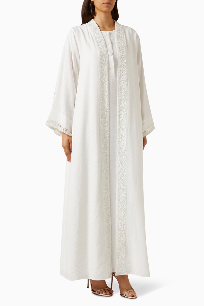 

3-piece Embroidered Abaya Set in Linen, White
