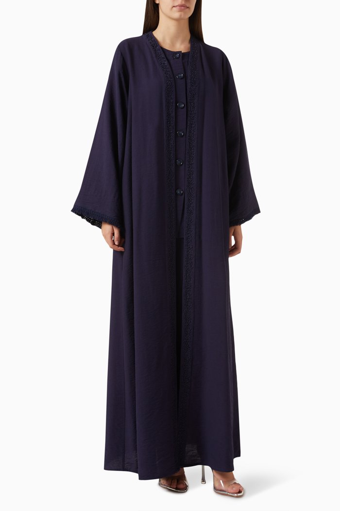 

4-piece Embroidered Abaya Set in Linen, Blue
