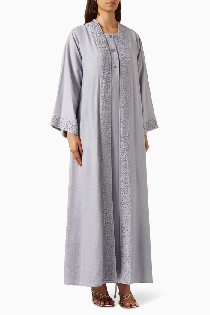 

3-piece Embroidered Abaya Set in Linen, Blue