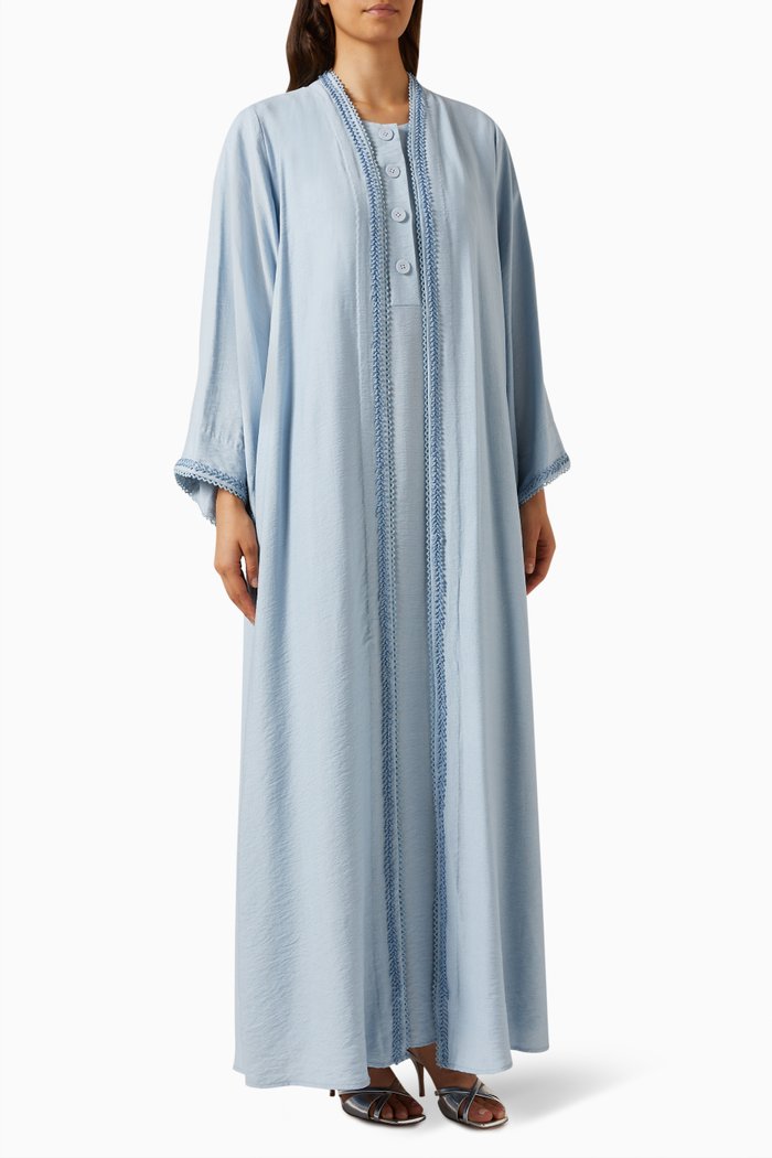 

3-piece Embroidered Abaya Set in Linen, Blue