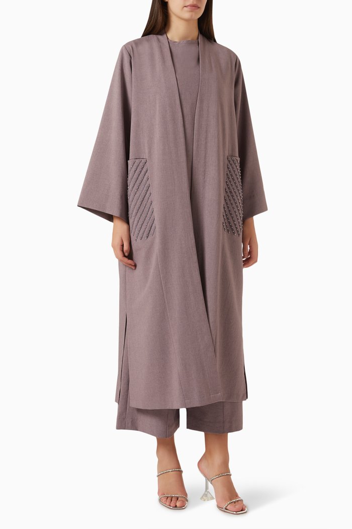 

4-piece Embroidered Abaya Set in Linen, Purple