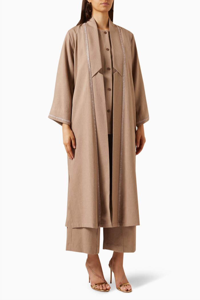 

4-piece Embroidered Abaya Set in Linen, Grey