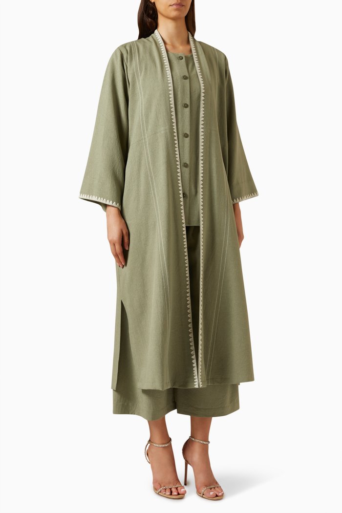 

4-piece Embroidered Abaya Set in Cotton Linen, Green