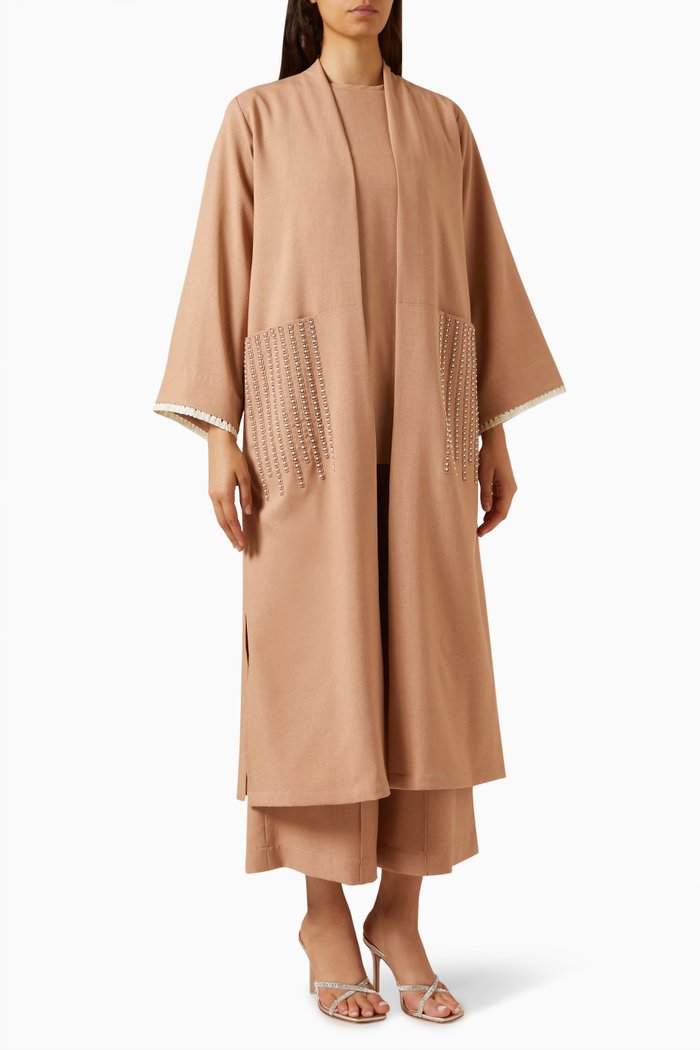 

4-piece Embellished Abaya Set in Cotton Linen, Neutral