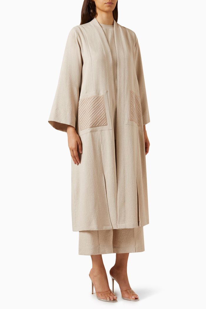 

4-piece Embellished Abaya Set in Cotton Linen, Neutral