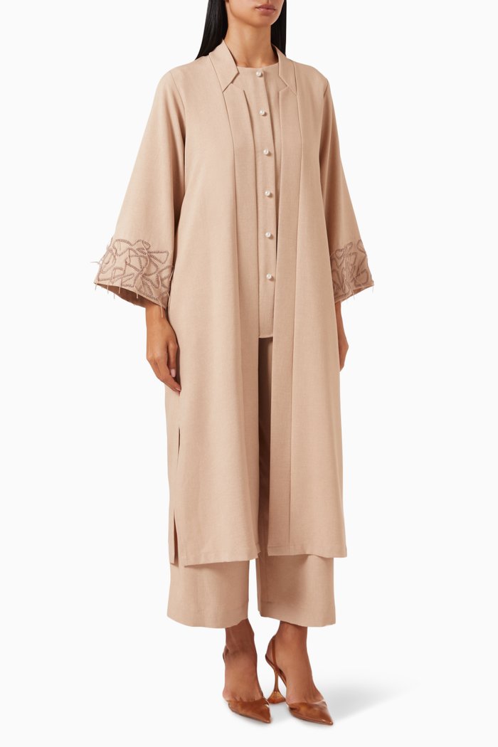 

4-piece Embroidered Abaya Set in Cotton-linen Blend, Neutral