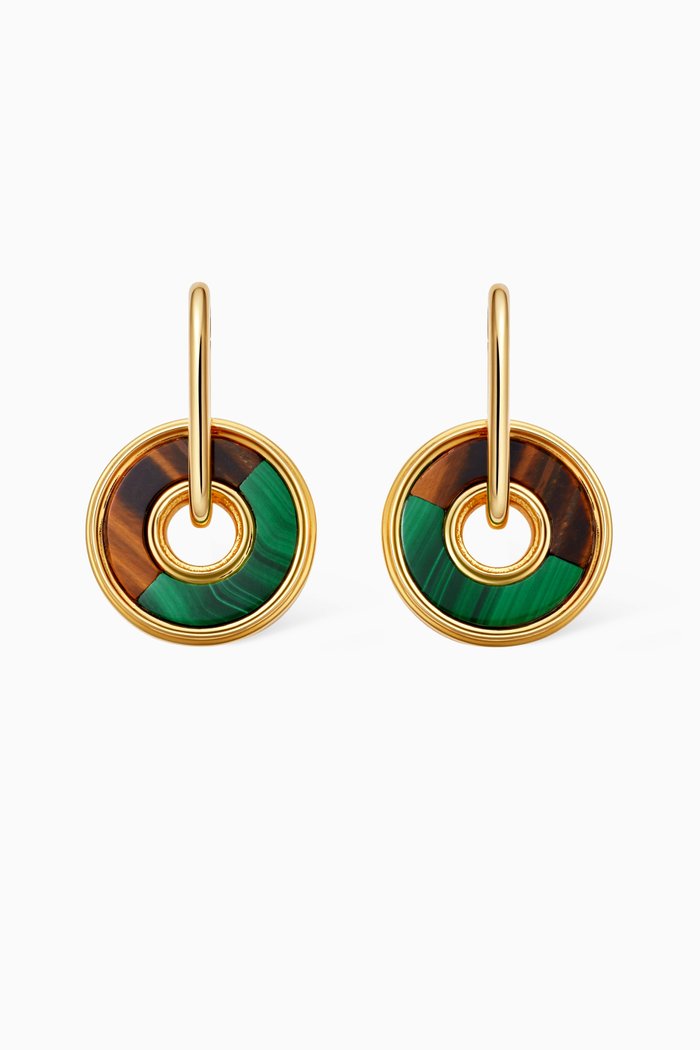 

Fuse Malachite & Tigers Eye Hoop Earrings in 18kt Gold Vermeil