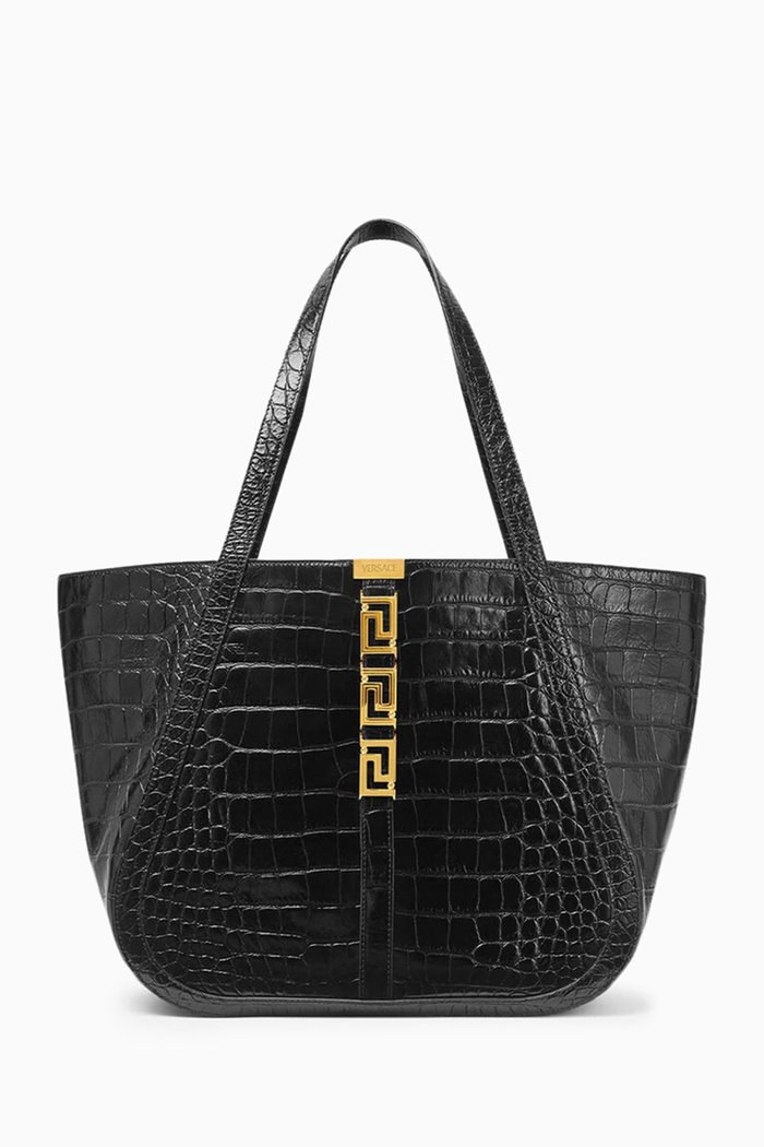 

Large Greca Goddess Tote Bag in Croc-embossed Leather, Black