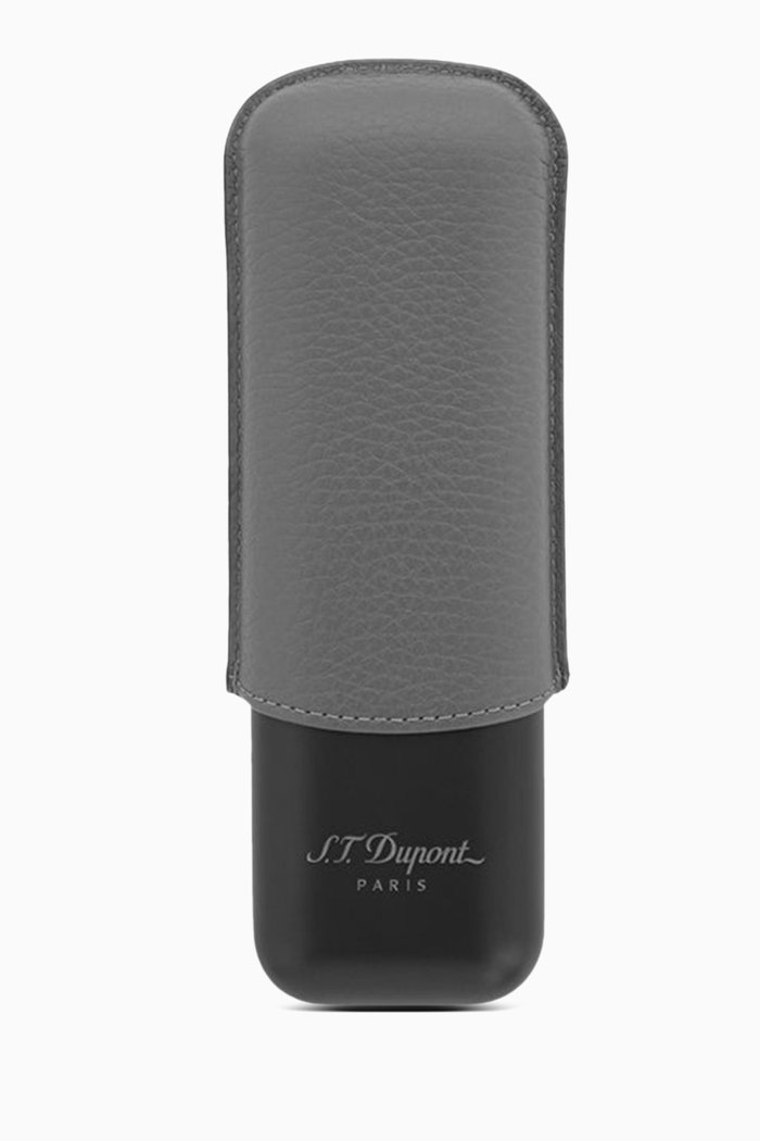 

Double Cigar Case in Grained Leather & Metal, Grey