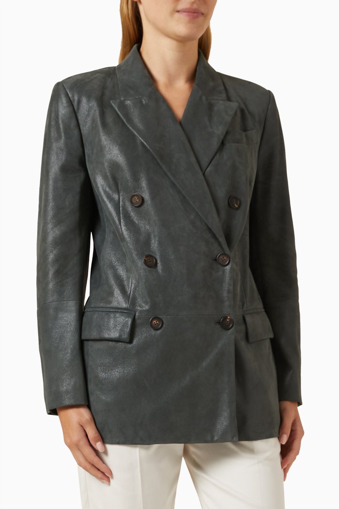 

Double-breasted Blazer in Leather, Green