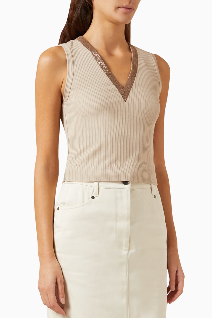 

Monili-bead V-neck Tank Top in Ribbed Cotton, Pink