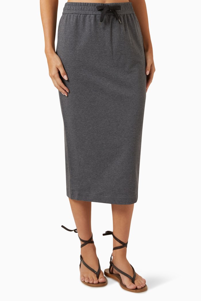 

Drawstring-waist Midi Skirt in Stretch-cotton, Grey