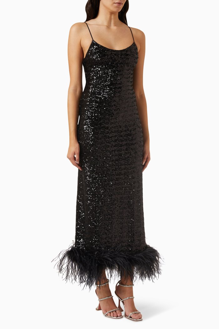 

Sequin-embellished Plumage Slip Maxi Dress, Black