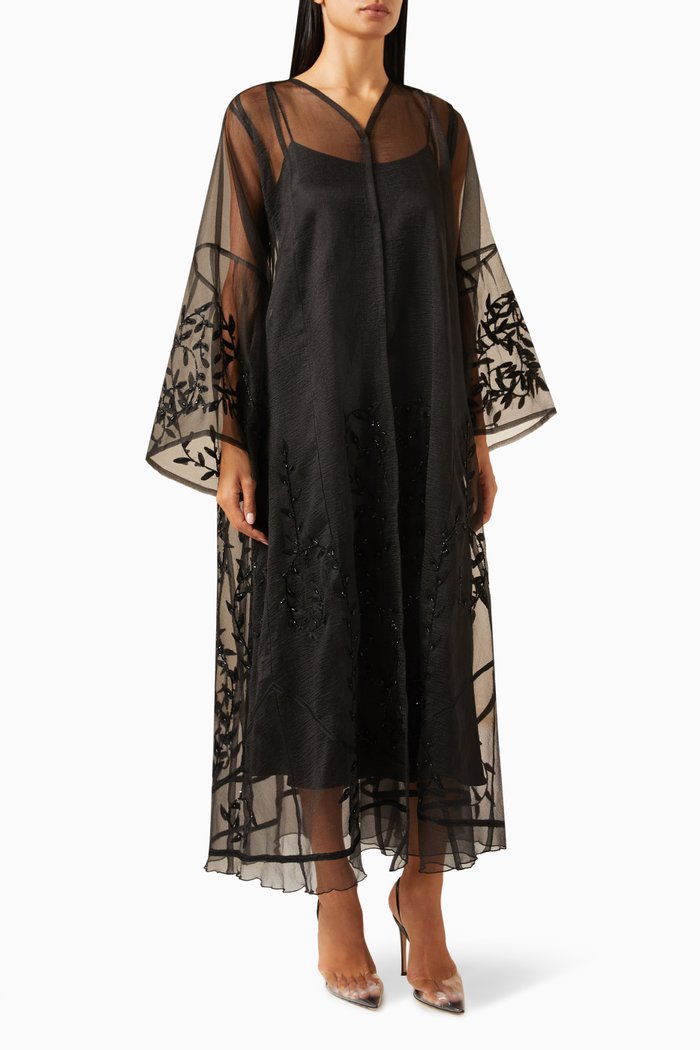 

Leaf-embroidered Sheer Abaya in Net & Velvet, Black