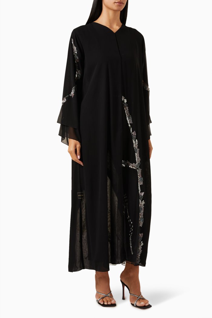 

Sequin-embellished Abaya in Chiffon & Tulle, Black