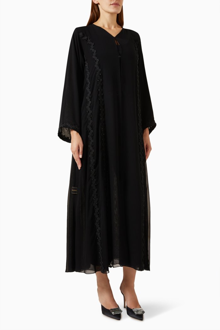 

Floral Lace Abaya in Chiffon, Black