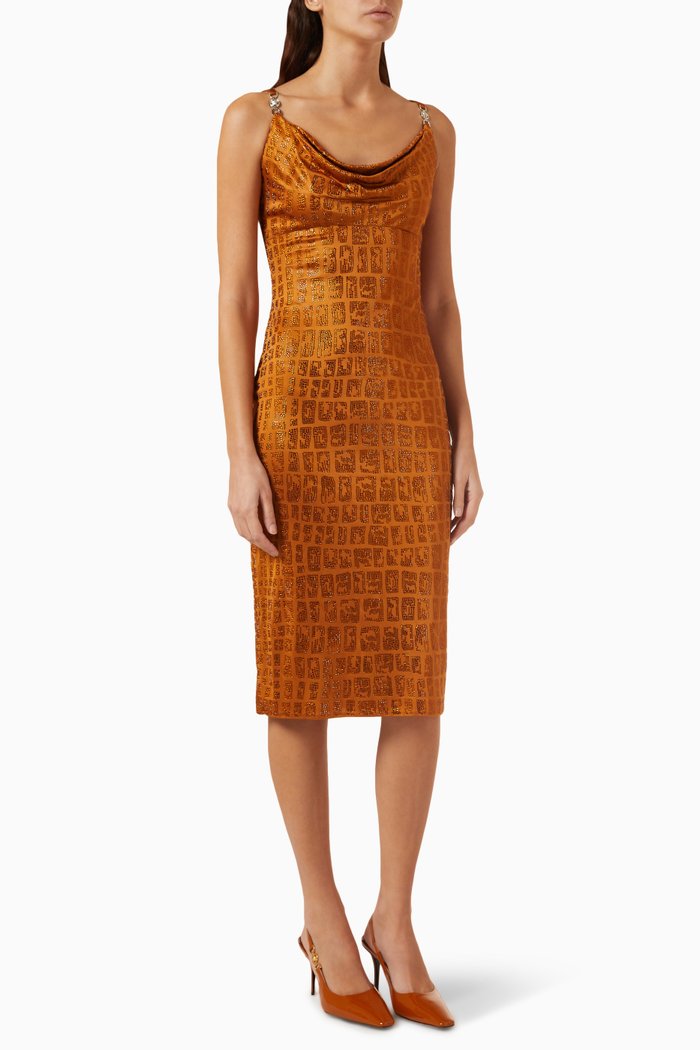 

Cocktail Midi Dress in Strass Satin, Brown