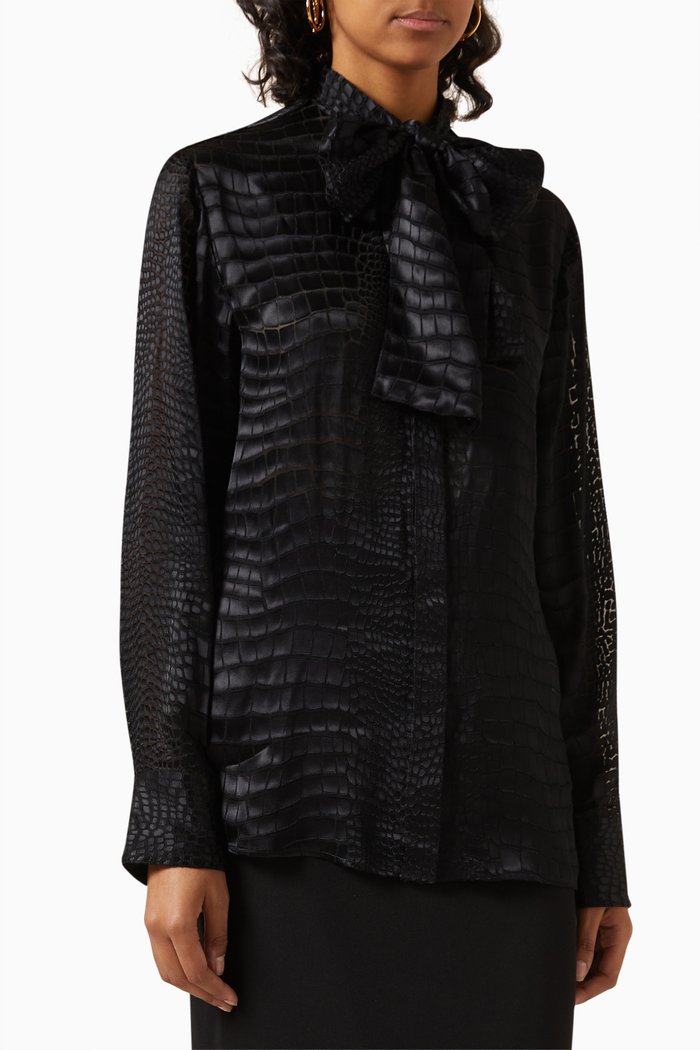 

Croc-effect Devore Scarf-tie Shirt in Viscose-blend, Black