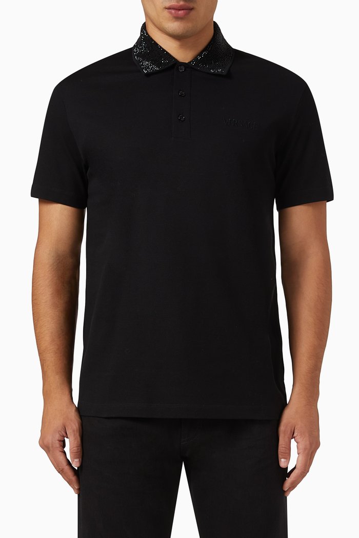 

Sequin-collar Polo Shirt in Cotton-piqué, Black