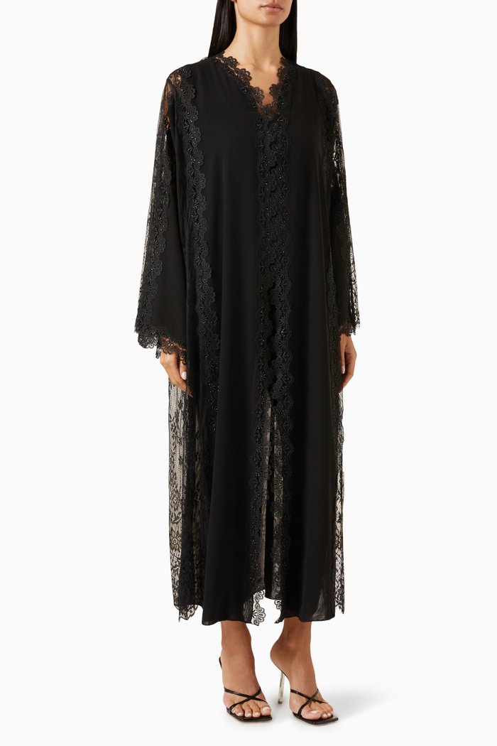 

Lace-embroidered Abaya in Chiffon & Tulle, Black