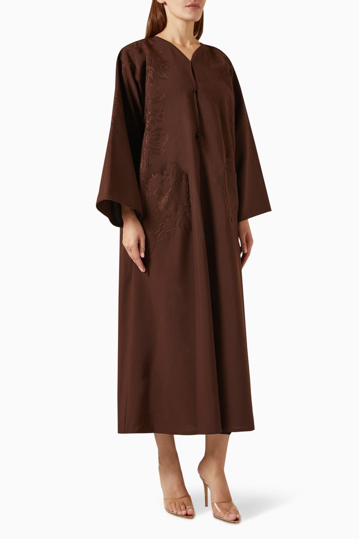 

Laser Embroidered Abaya in Linen, Brown