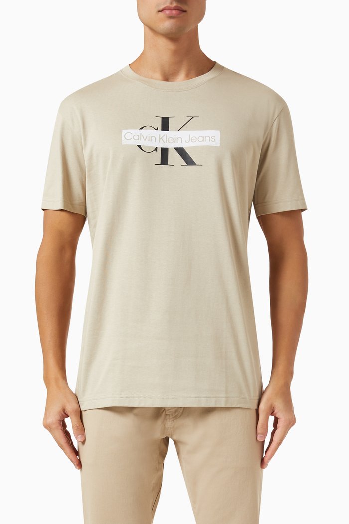 

Monogram Print T-shirt in Organic Cotton Blend, Neutral