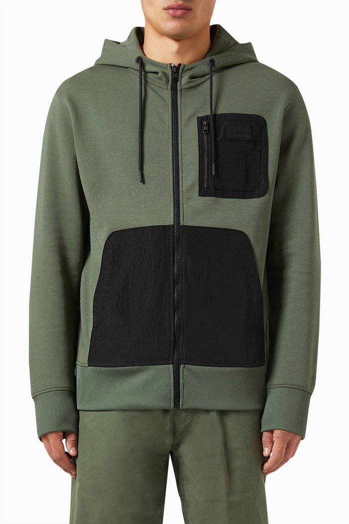 

Mixed Media Hoodie in Cotton Blend Interlock & Nylon Ripstop, Green