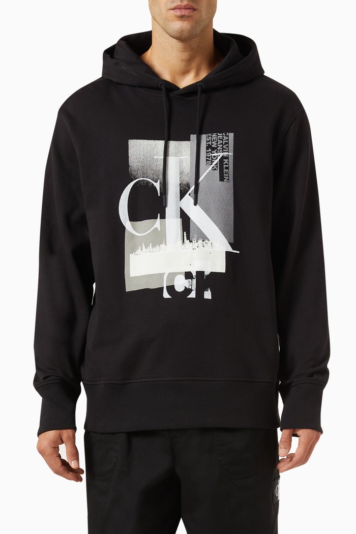 

Logo Print Hoodie in Cotton Fleece, Black