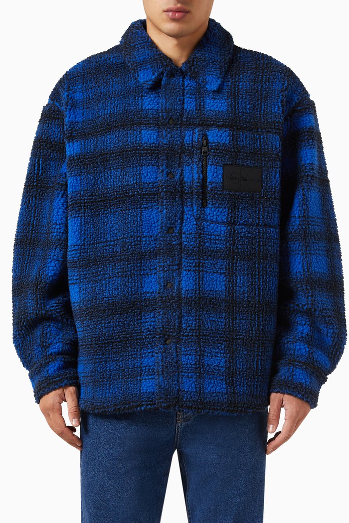 

Checked Oversized Shirt Jacket in Sherpa-fleece, Blue