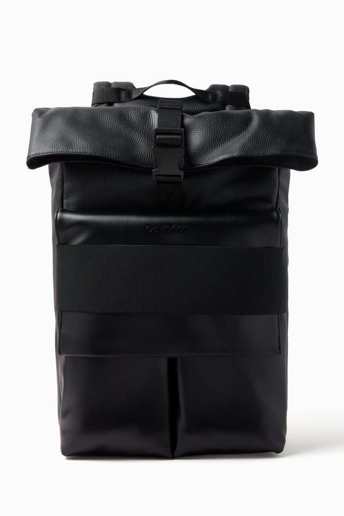 Roll-Top Backpack in Textured Faux Leather, Black