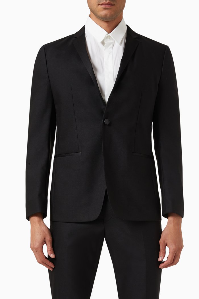Slim Tuxedo Blazer in Wool, Black