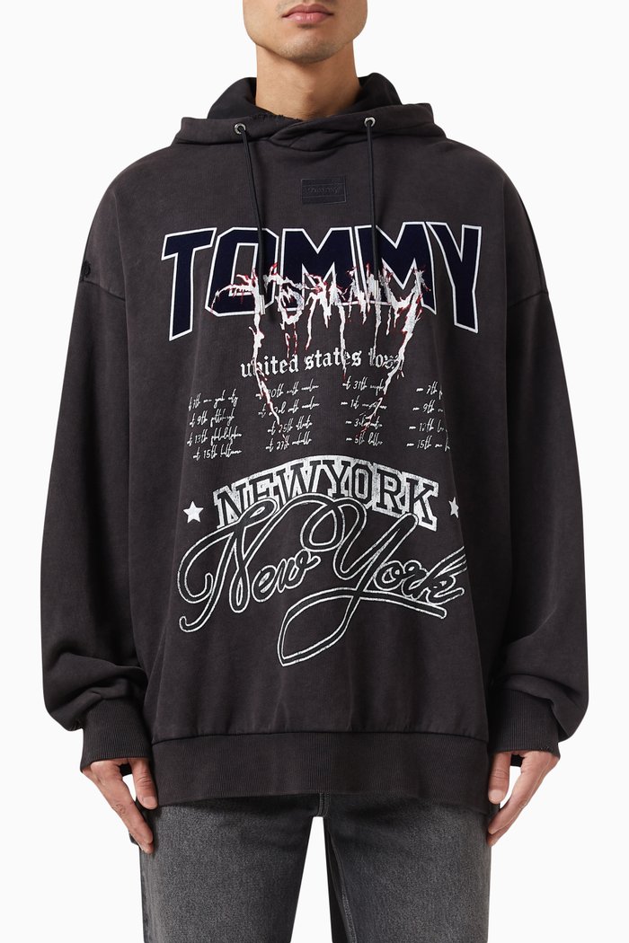 

Graphic Logo Drawstring Hoodie in Cotton, Black