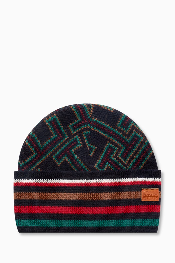 

x Pendleton New York Stripe Monogram Beanie in Wool Blend Jacquard, Blue