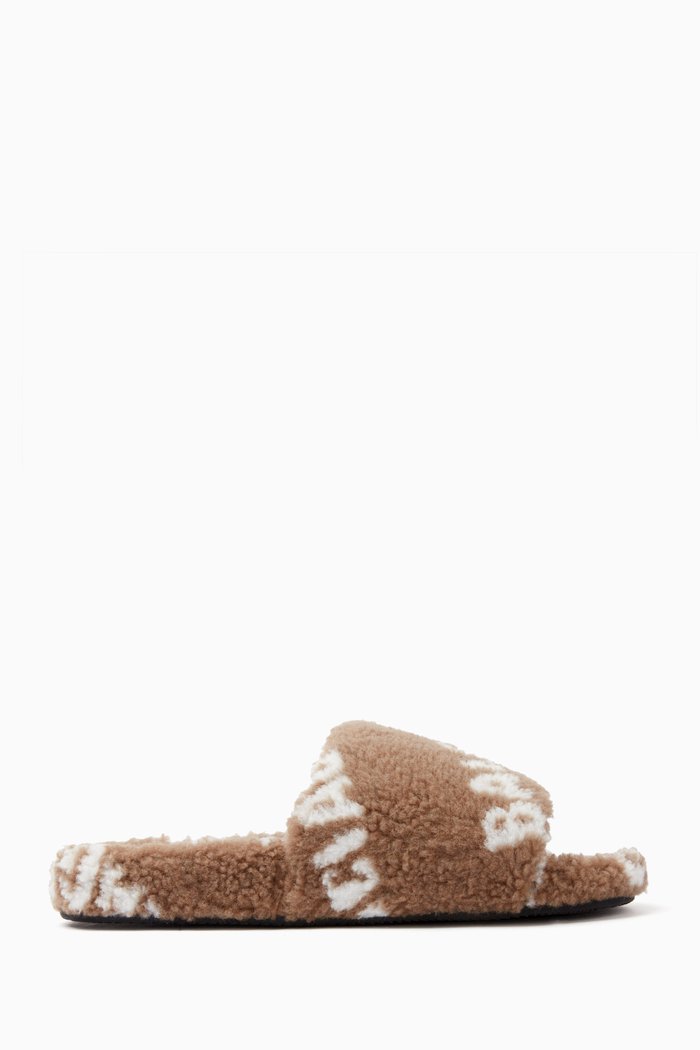 

Logo Furry Slide Sandals in Faux Shearling, Brown