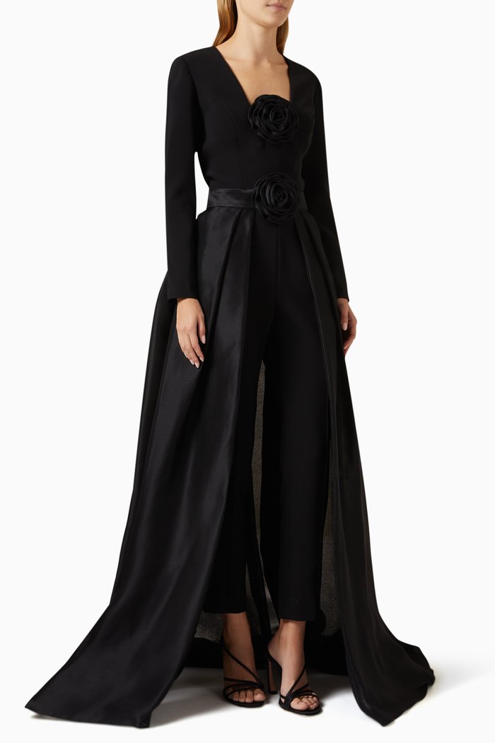 

Flower-Embellished Jumpsuit & Overskirt Set in Crepe-silk, Black