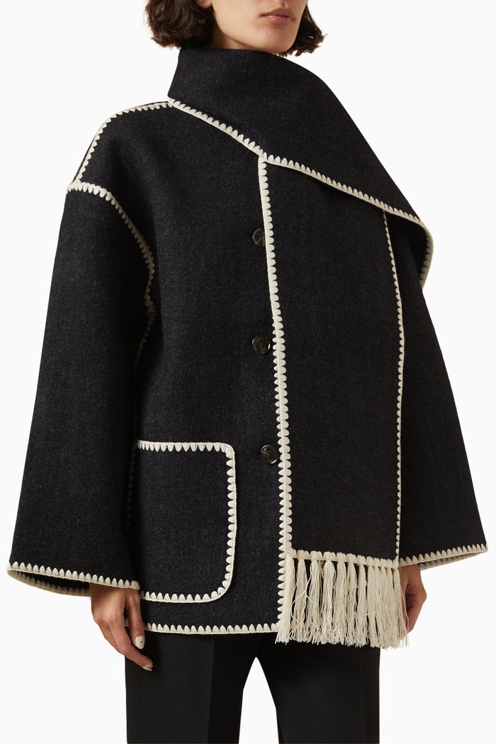 

Embroidered Scarf Jacket in Wool Blend, Grey