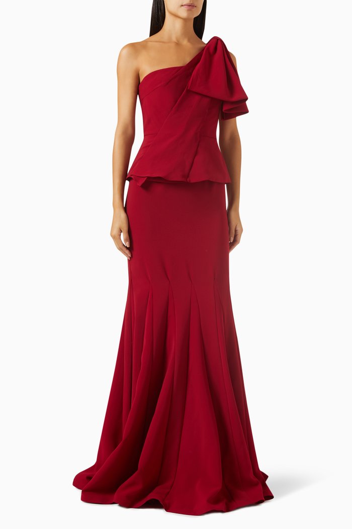 

One-shoulder Peplum Maxi Dress in Crepe, Red