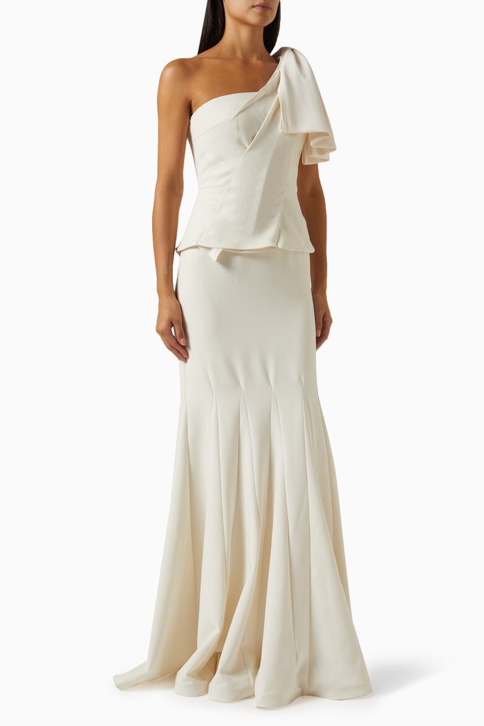 

One-shoulder Peplum Maxi Dress in Crepe, Neutral