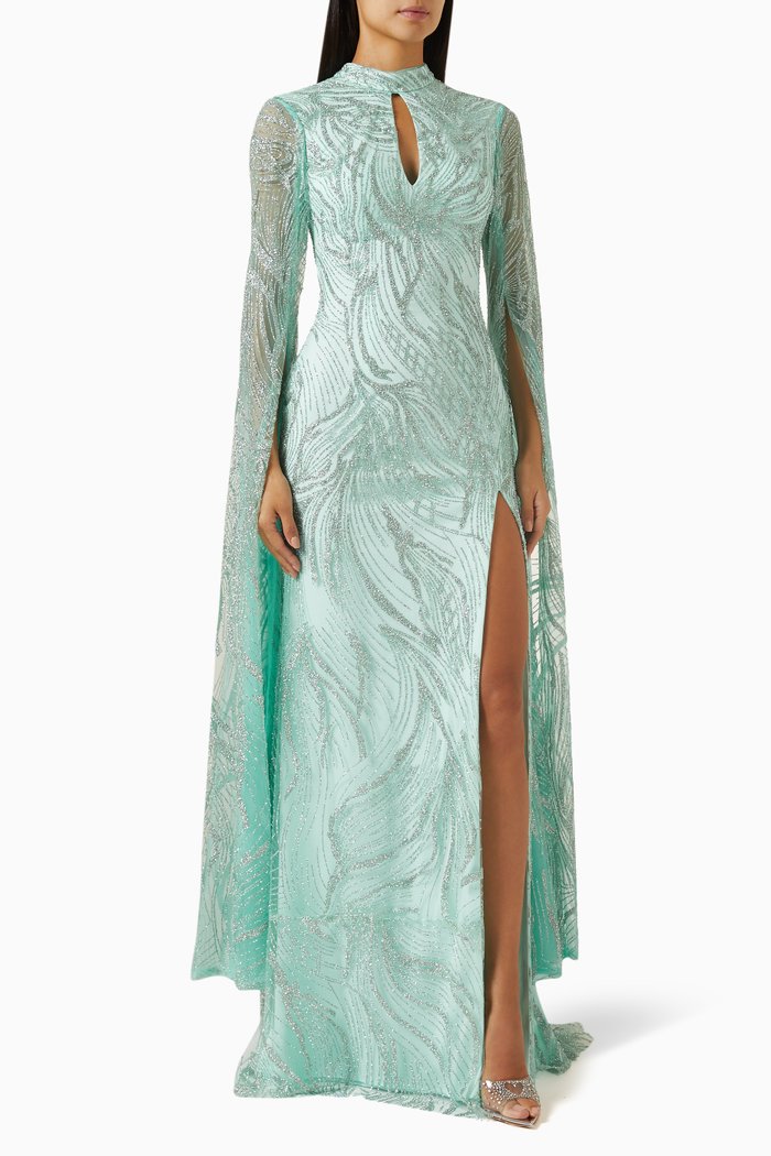 Keyhole-neck Glitter-embellished Gown, Green