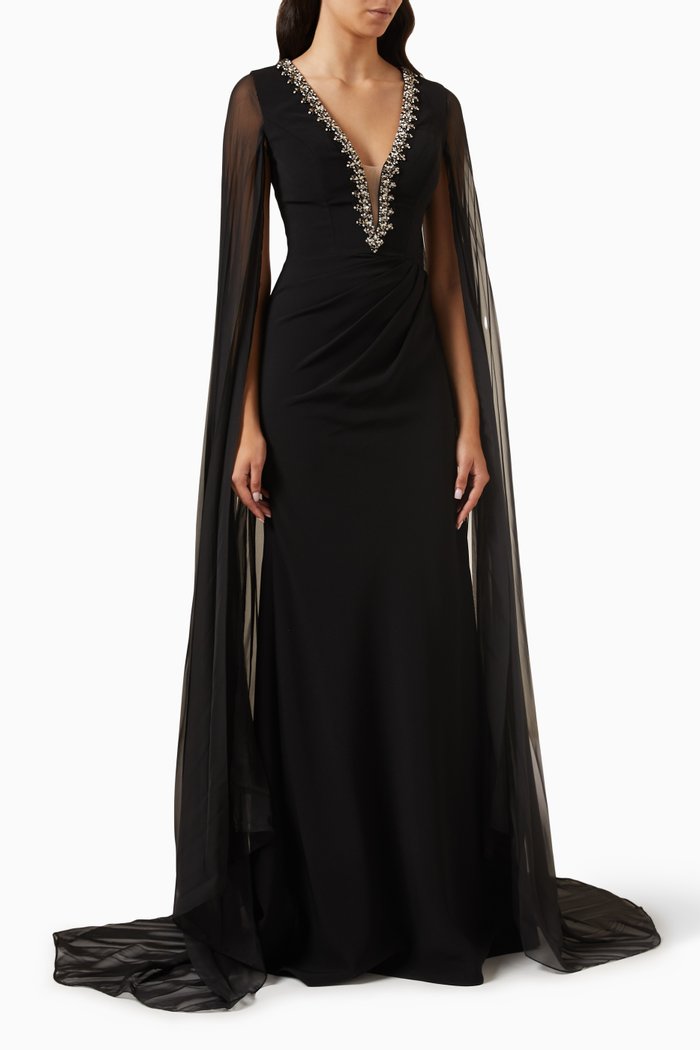 

V-neck Crystal-embellished Gown in Stretch Crepe, Black