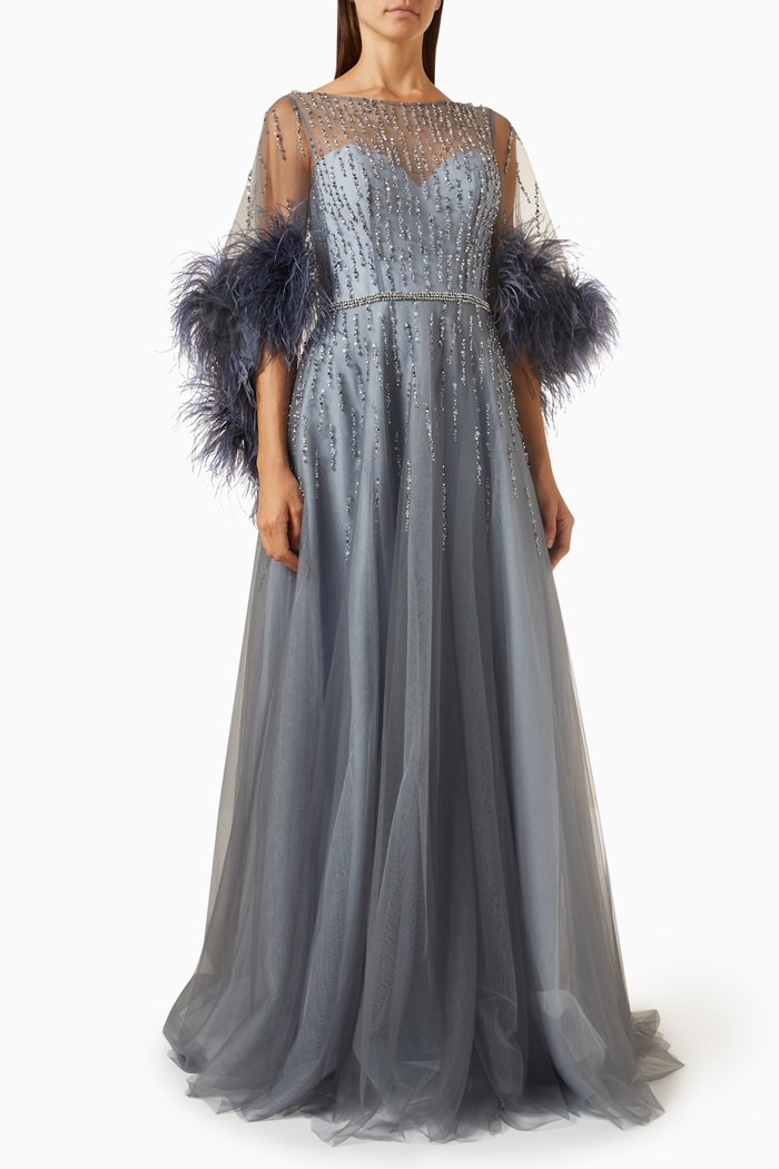

Embellished Maxi Dress in Tulle, Grey