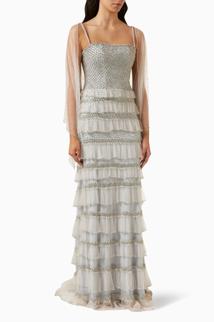 

Beaded Ruffled Skirt Gown in Tulle, Grey